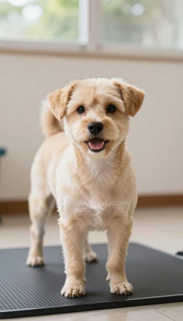A Poochon dog with a short puppy cut grooming style in natural light, showcasing a neat and low-maintenance look for easy care.