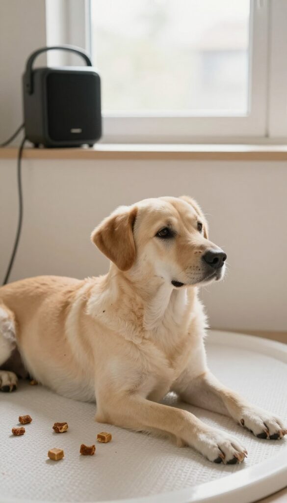 A calm dog in a grooming tub with calming elements like music and treats for easier bath time.