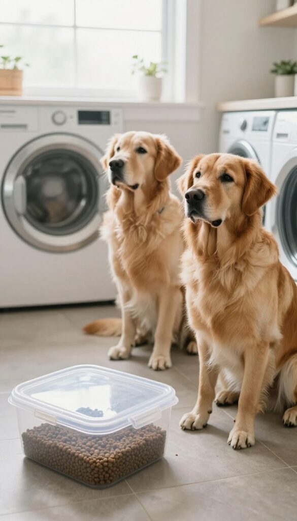Two large dogs sitting next to an extra-large dog food container in a laundry room.