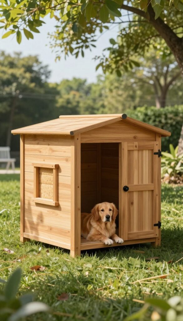 Insulated dog house in backyard with golden retriever resting inside