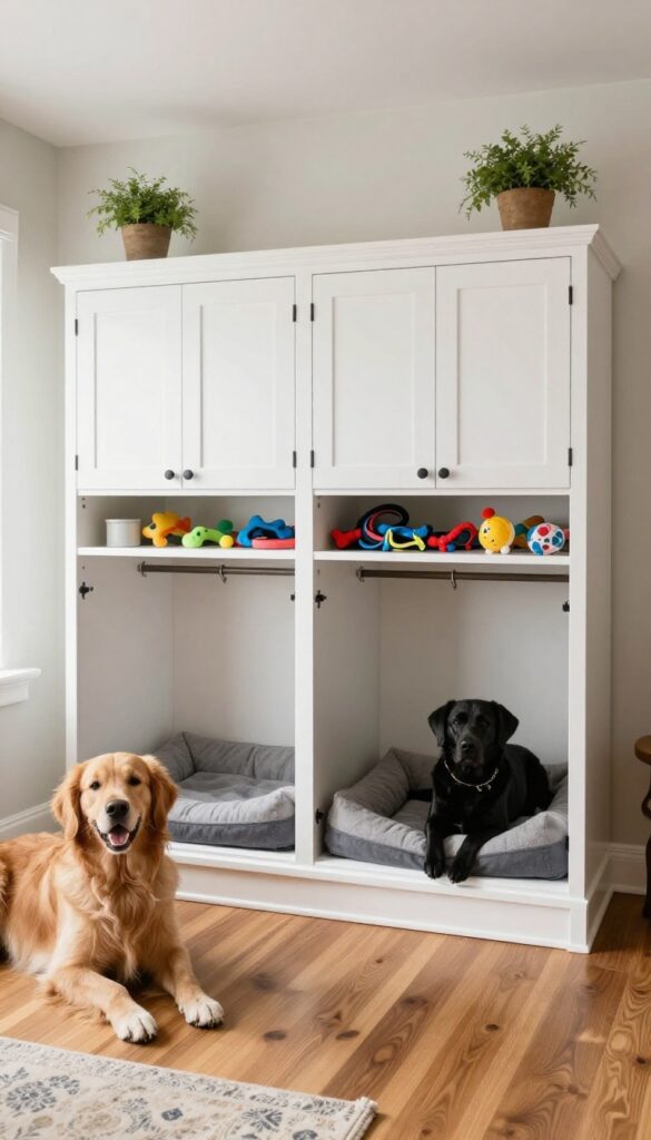 Custom built-in double dog crate with storage in a bright living room