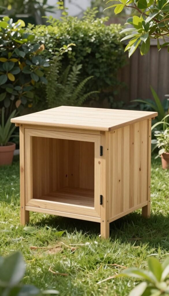 Modern minimalist cedar dog house with flat roof and large opening in sunny backyard