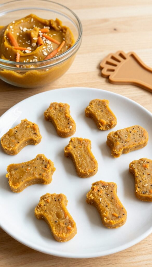 Homemade pumpkin carrot soft chews for dogs, arranged on a plain plate with dough and mold in the background, showing plant-based dog treat ingredients in a bright, clean setting.
