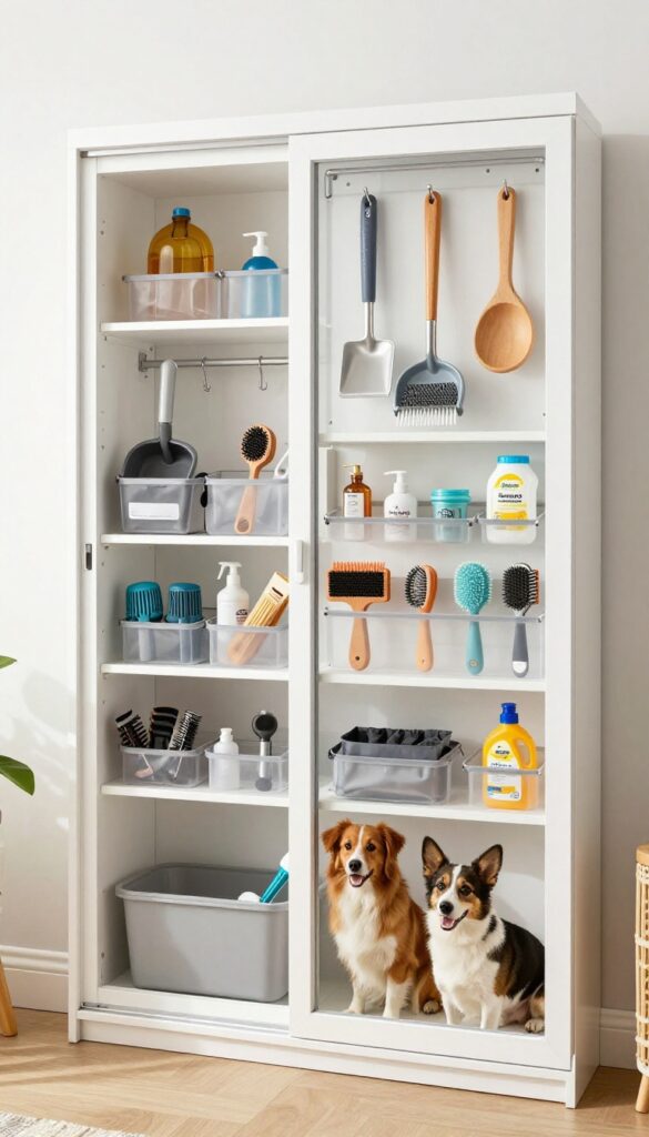 A door-mounted organizer holding dog care tools in a pantry, illustrating space-saving storage for pet essentials.