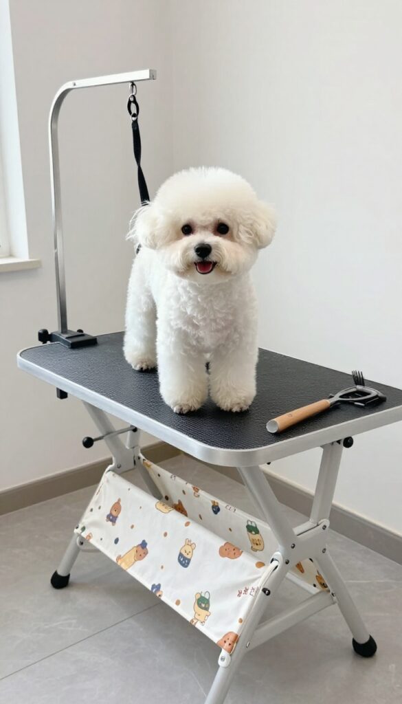A small white dog on a portable grooming table with a patterned cover in a bright, clean room, illustrating a stylish and practical dog grooming setup for limited spaces.