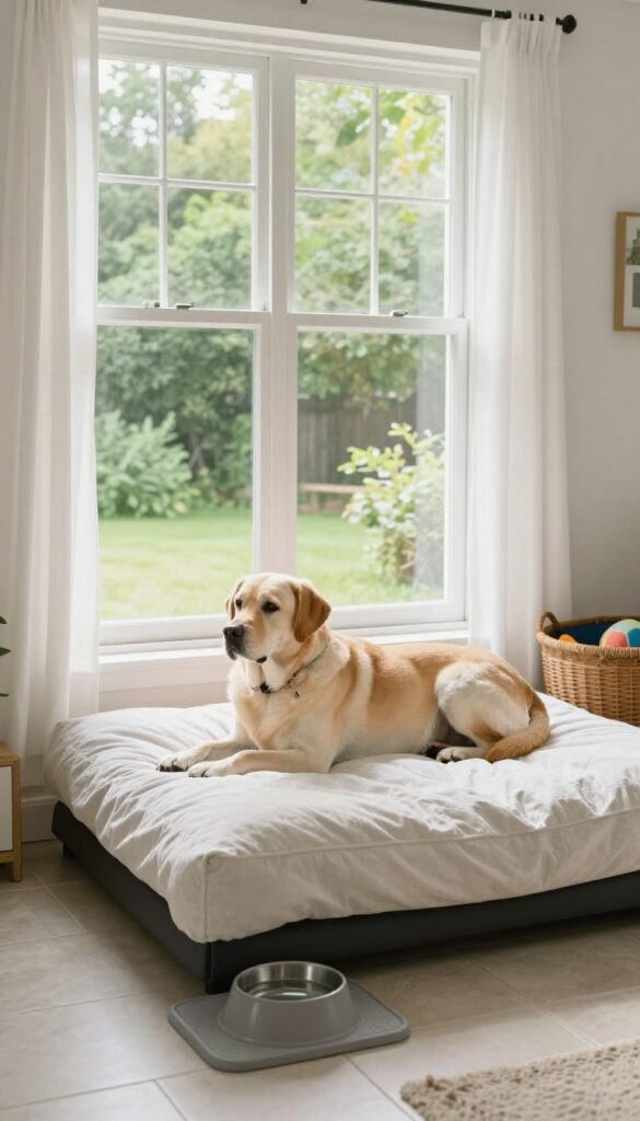 Calm sunroom dog lounge with natural light, tile floor, and a relaxed Labrador on a dog bed.