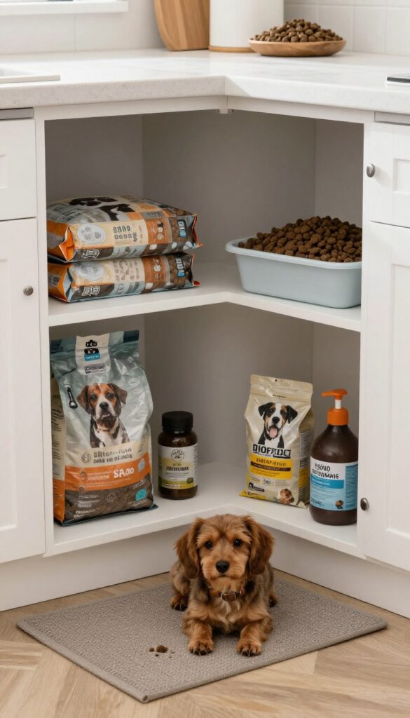 A corner cabinet with hidden storage for dog feeding supplies in a bright, tidy home setting.