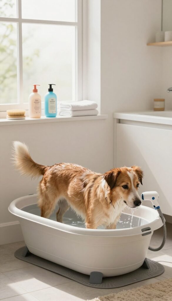 A realistic photo of a dog being bathed in a home grooming setup with portable tub and organized supplies, showcasing subscription-based bath services for dogs.