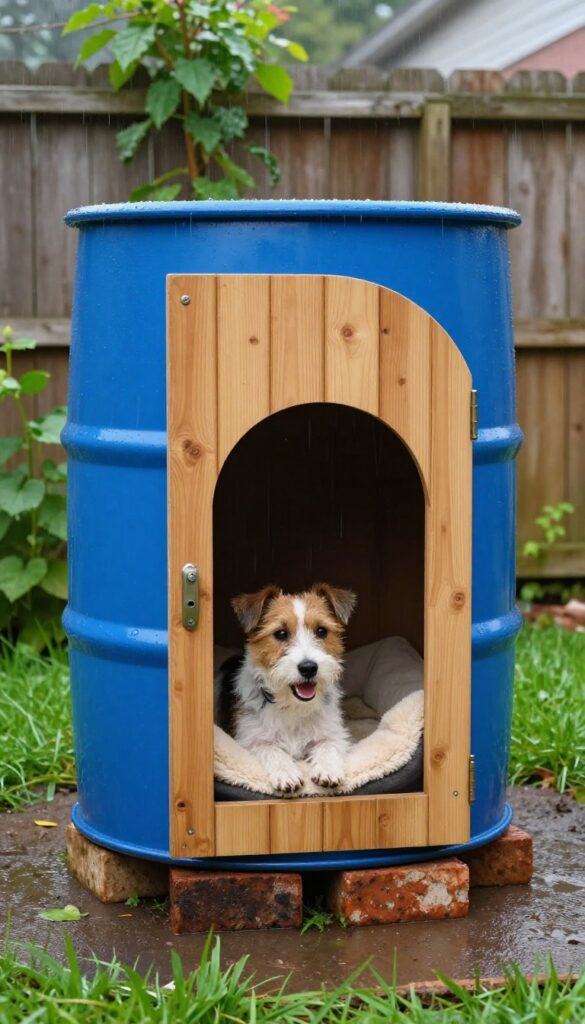 Upcycled barrel dog house in a rainy backyard with a dog peeking out