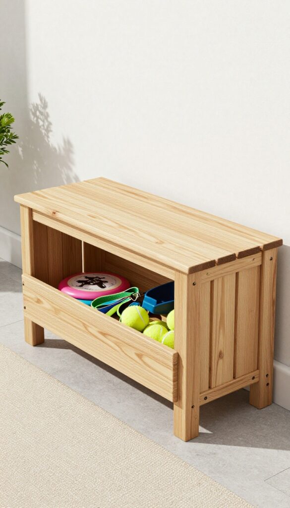 A weather-resistant outdoor storage bench with an open lid showing organized dog toys and tools inside, set in a sunny backyard for a clutter-free home.