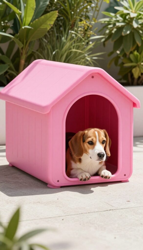 Hot pink plastic dog house with UV protection on a sunny patio, small dog peeking out