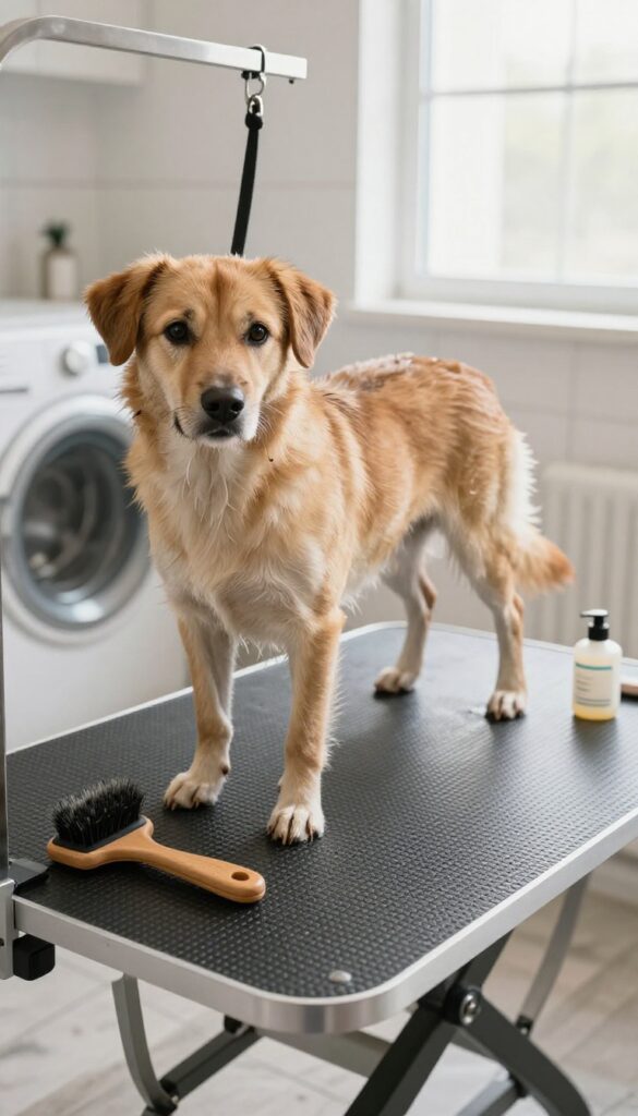 A calm dog standing on a non-slip mat in a bright, clean grooming area during a grooming session, showcasing safety and comfort with natural light and professional tools.