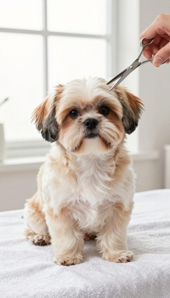 A close-up photo of a dog being groomed with scissors around its face and paws, showcasing detail work in home grooming.