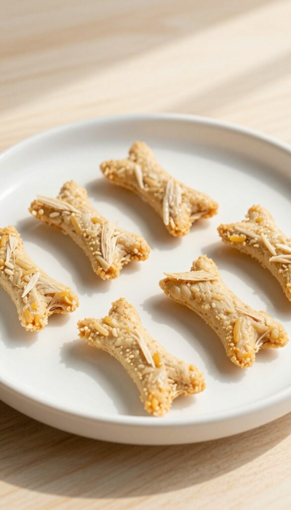 Homemade chicken and rice mini bites for dogs, arranged on a white plate in natural light, ideal for a dog treat recipe blog section on gentle snacks for sensitive stomachs.