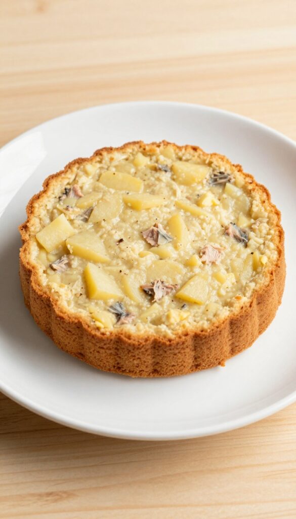 A homemade tuna and potato dog cake, sliced and ready to serve, on a plain plate in natural light.