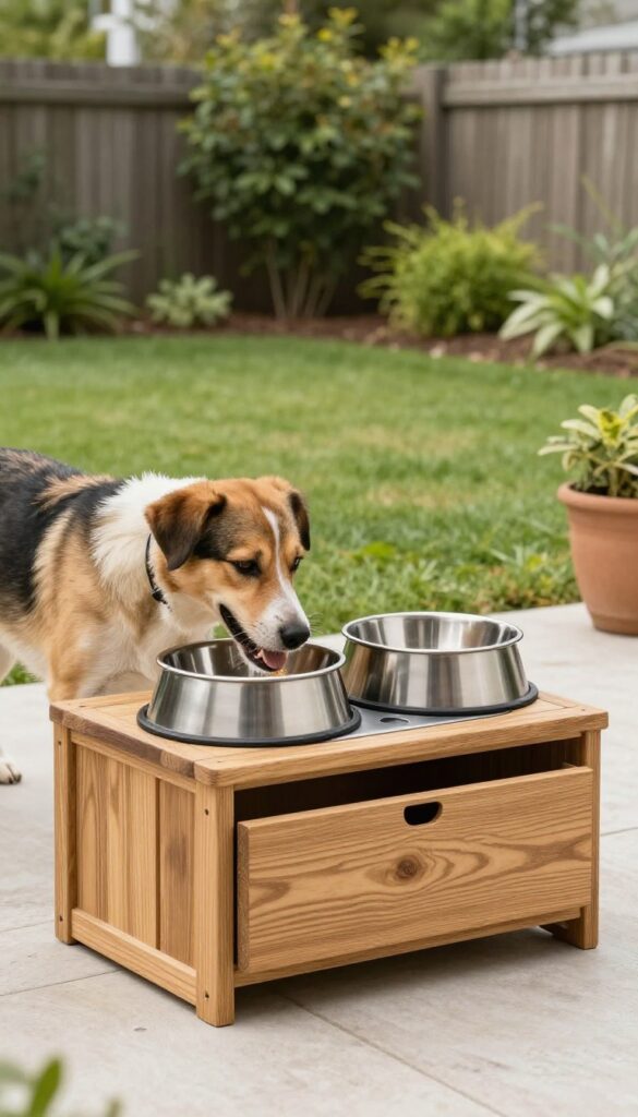Outdoor dog feeding station on a patio with raised stainless steel bowls in a wooden frame, a dog eating, and a green yard background.