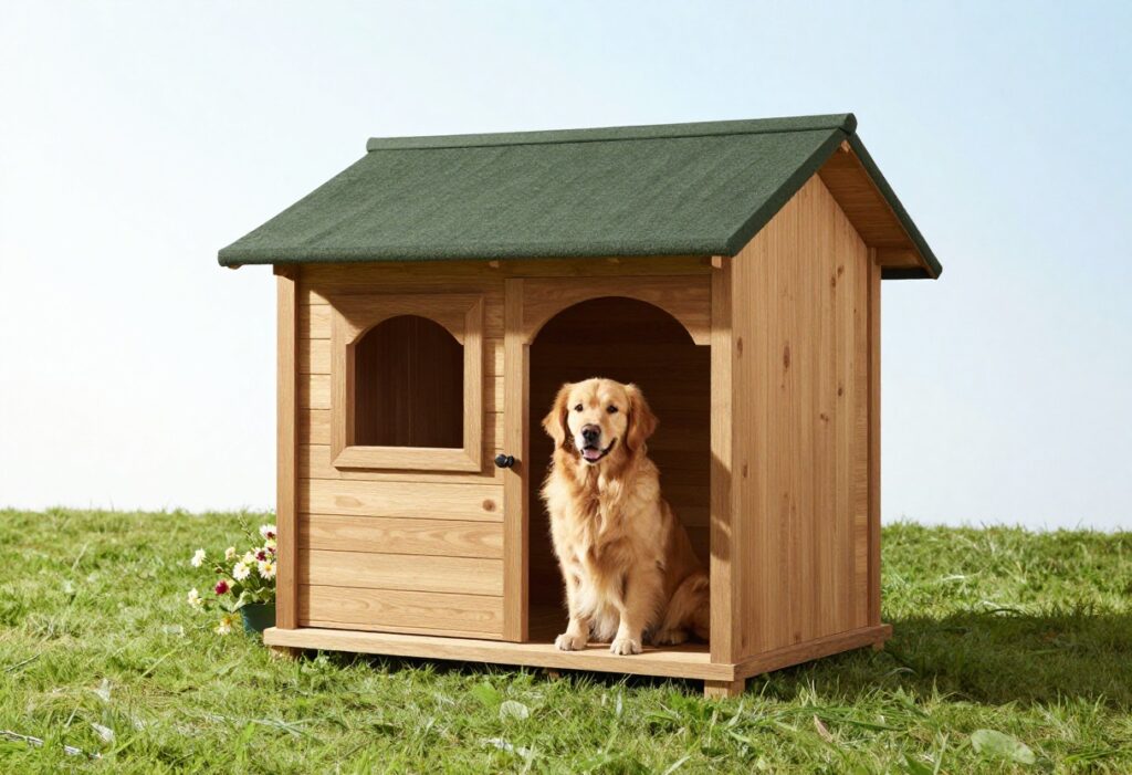 Large wooden dog house in a backyard with a Golden Retriever sitting on the porch
