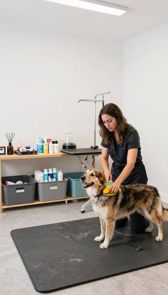 A professional groomer and trainer working together with a calm dog in a bright, organized shared space for collaborative grooming and training sessions.