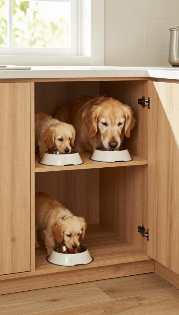 An adjustable-height dog food storage cabinet with built-in bowls, set in a bright kitchen, featuring a senior golden retriever and a puppy eating together to demonstrate customizable feeding heights for comfort.