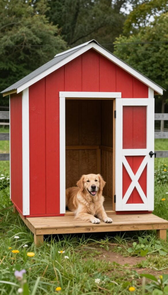 Rustic insulated mini barn dog house with covered porch in backyard, golden retriever lounging on porch, bright natural light