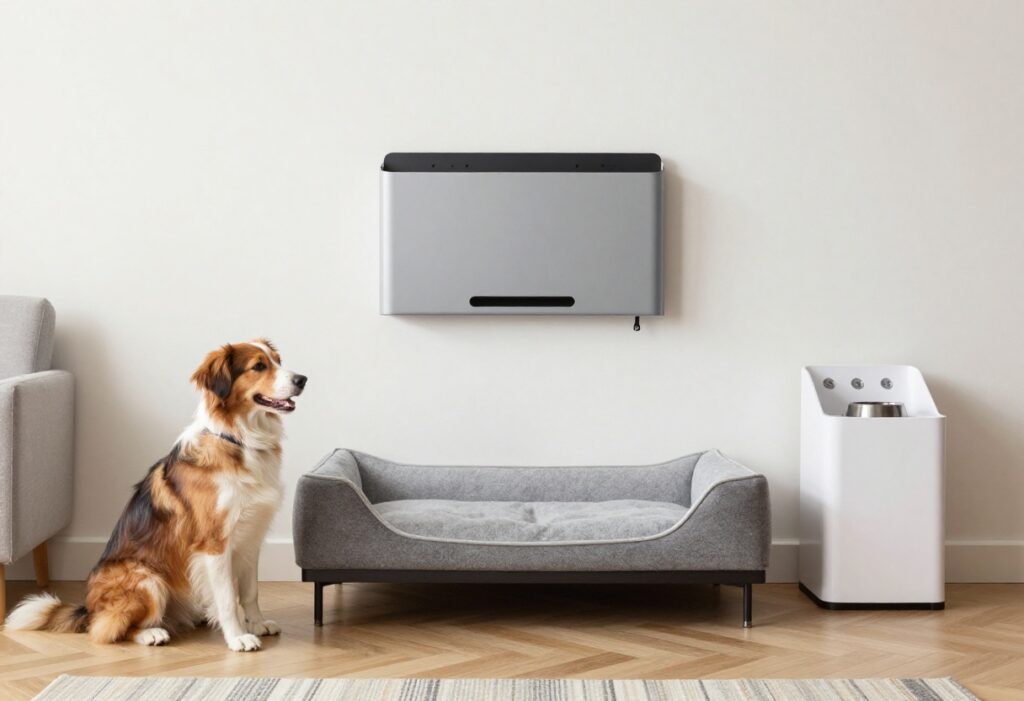 A tidy home setup with dog accessories including a bed, leash organizer, and feeding station, showcasing organization and style.