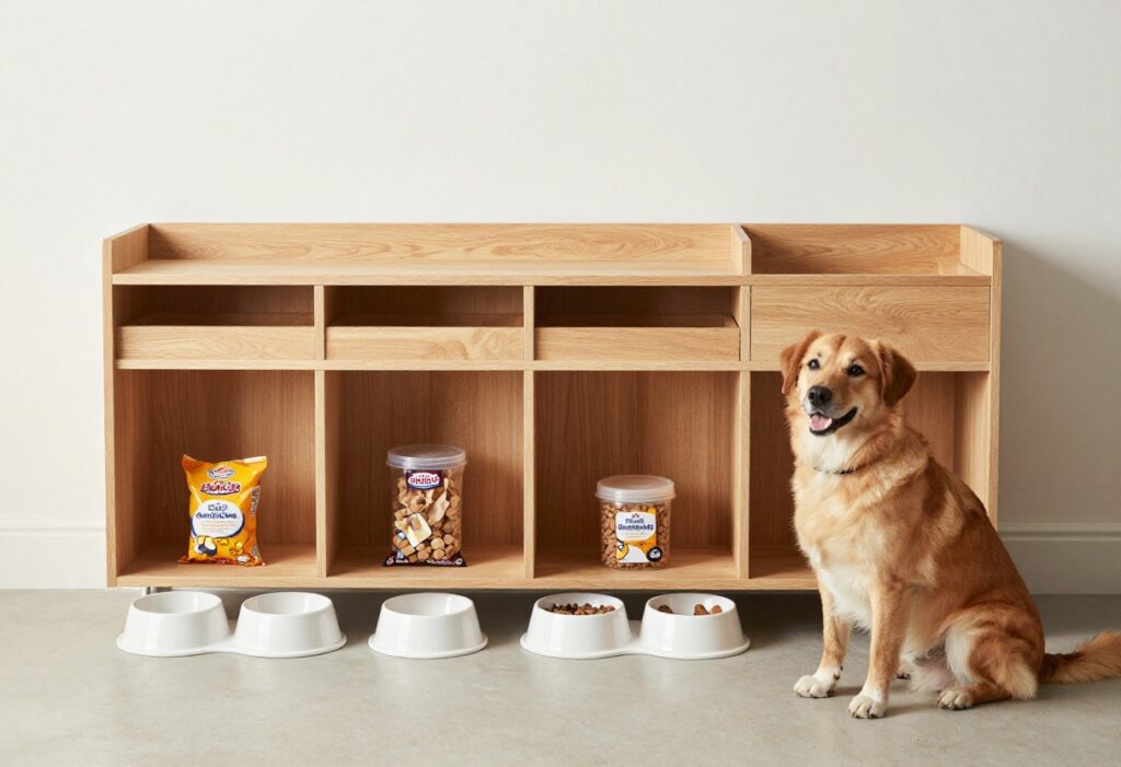 DIY dog feeding station with raised bowls and storage compartments in a clean home environment, featuring a content dog nearby.