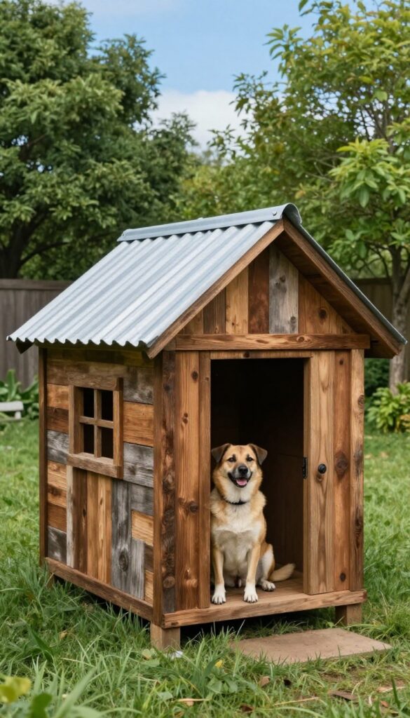 Reclaimed wood dog house with metal roof in grassy backyard