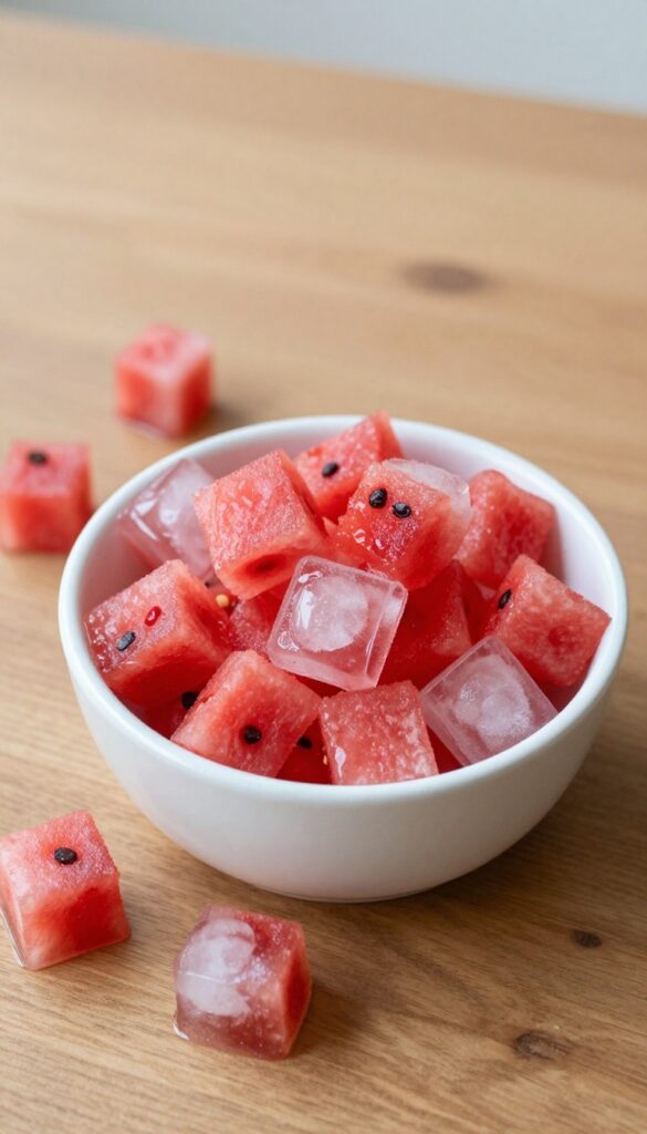 A bowl of homemade watermelon ice cubes for dogs, arranged on a wooden surface with some cubes scattered, highlighting a refreshing and hydrating treat idea.