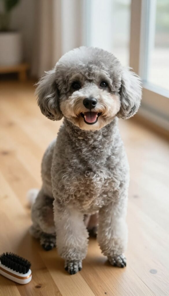 A Maltipoo with a poodle-inspired low-maintenance haircut, sitting in natural light to illustrate easy grooming for busy owners.