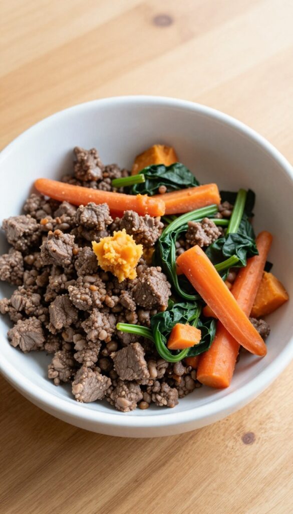 A homemade beef and sweet potato dog meal in a plain bowl, showing cooked ground beef, mashed sweet potatoes, spinach, and carrots, designed for energy and protein, with a soft texture for easy chewing.