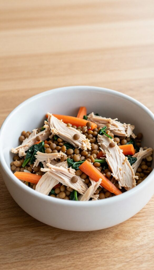 A bowl of homemade dog food with chicken, lentils, carrots, and spinach, arranged for a balanced and nutritious meal.