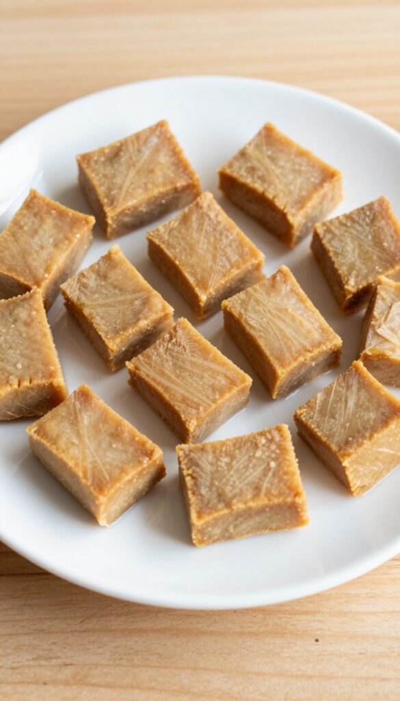Homemade tuna training treat cubes for dogs, arranged on a plain plate in natural light.