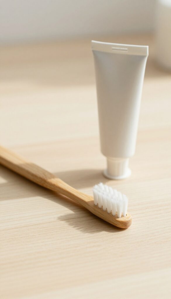 Dog toothbrush and toothpaste arranged neatly on a wooden surface in natural light