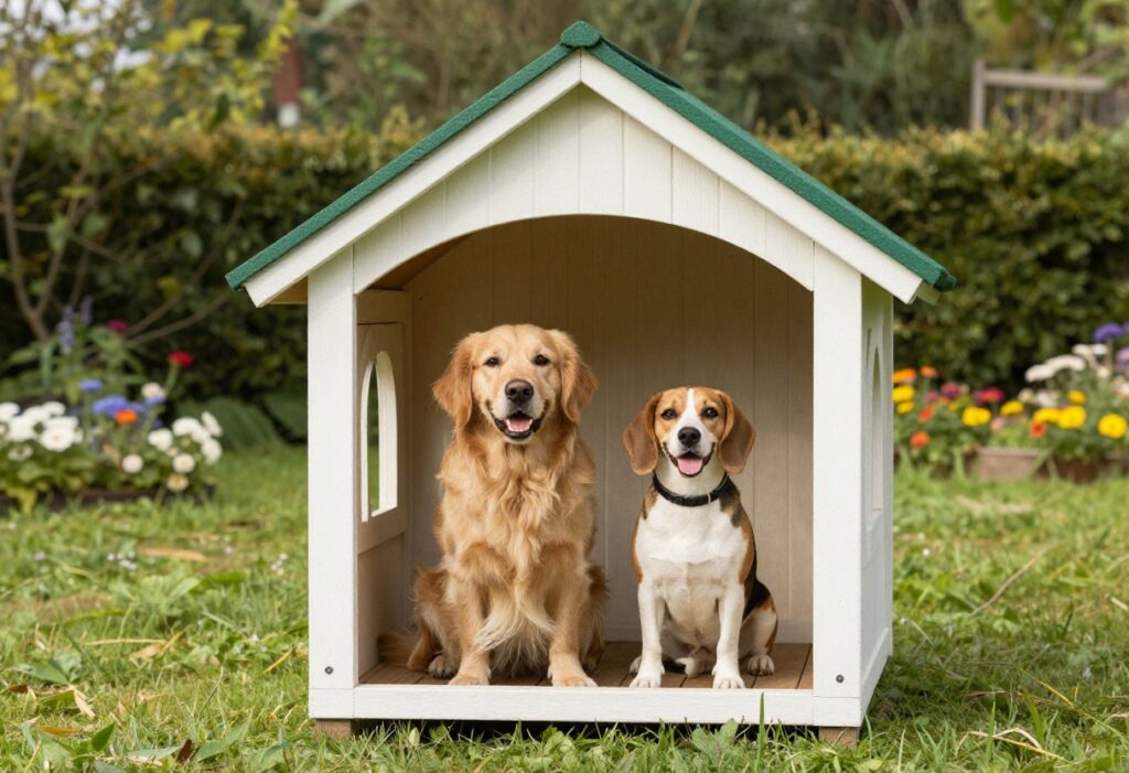 Two dogs sitting in a double dog house with a shared porch in a sunny backyard