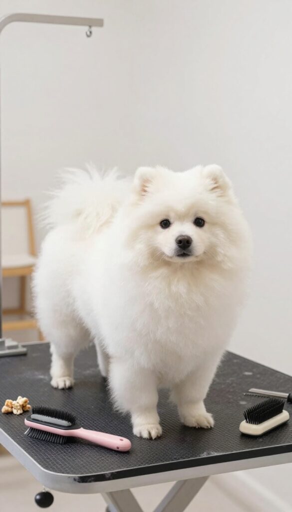 A Japanese Spitz dog with a fluffy snowball trim in a bright grooming corner