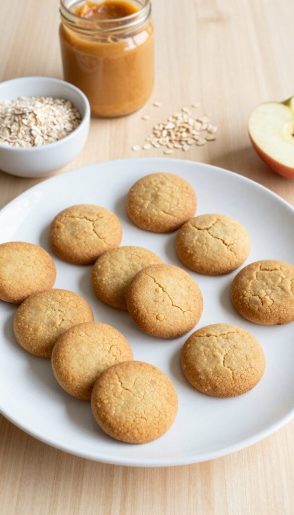 Soft peanut butter apple dog cookies on a plate with ingredients like peanut butter and applesauce, showing homemade dog treats for easy chewing.
