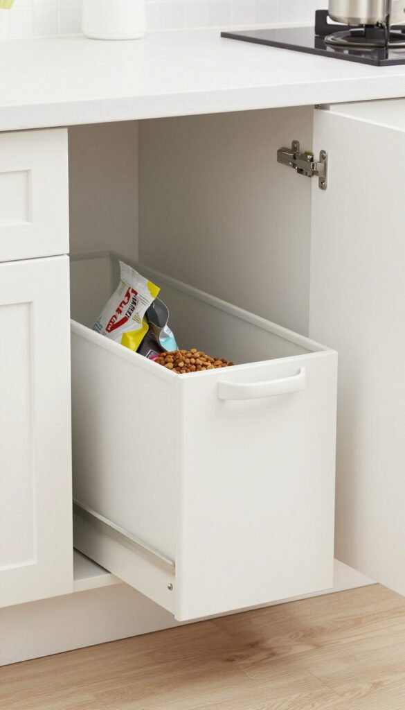 A sleek under-cabinet pull-out bin in a bright kitchen, partially open to show dog food inside, illustrating easy access storage for keeping kibble fresh and organized.