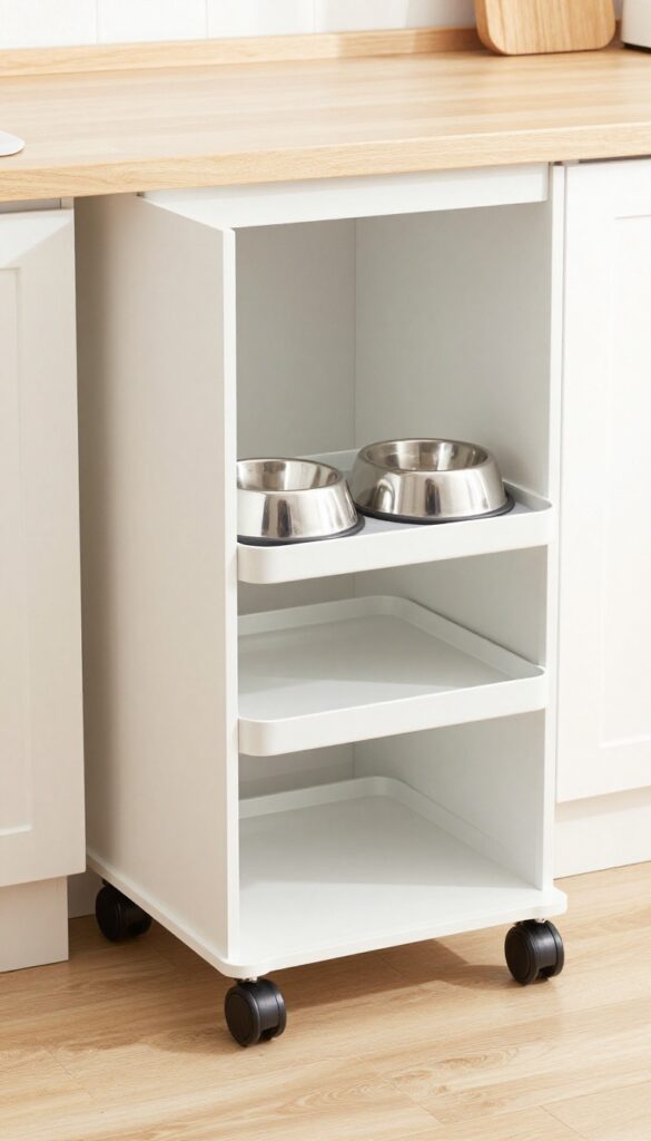 A compact rolling cart for dog bowls and storage, shown in a bright kitchen, partially extended from a cabinet to demonstrate its mobility and organization features.