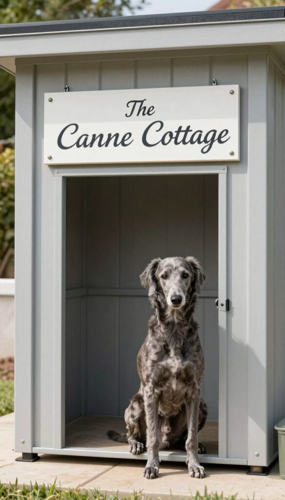 Elegant dog house with 'The Canine Cottage' sign in script font in a landscaped backyard