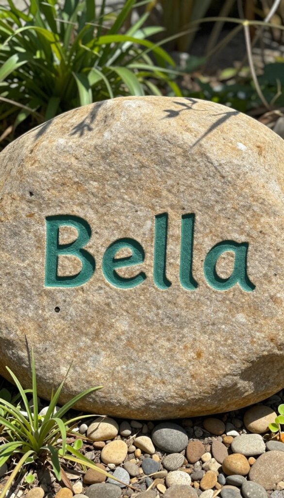 DIY painted rock dog house sign in a sunny garden