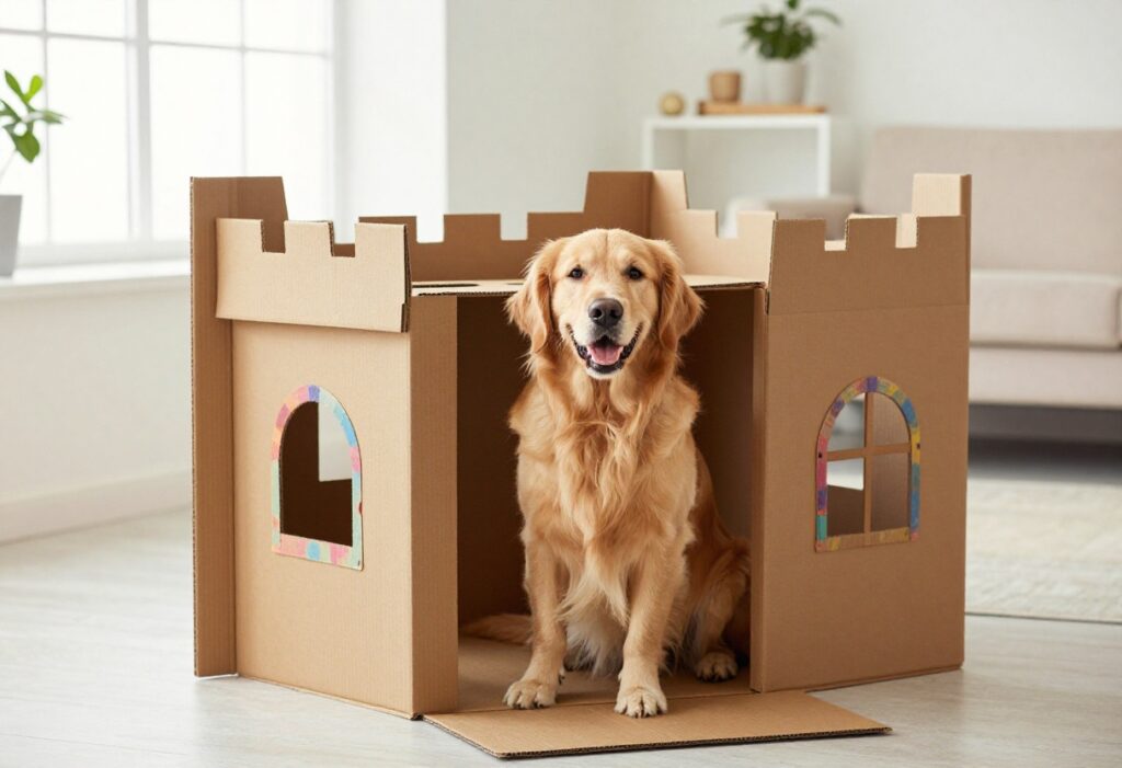 Golden retriever sitting in a cardboard castle dog house