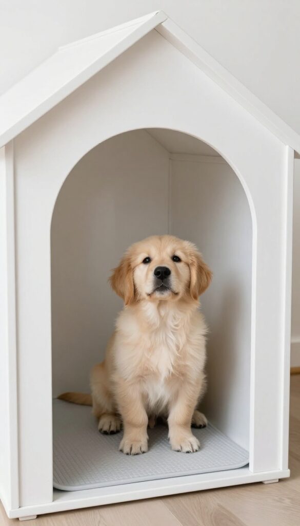 Interior of a custom dog house with washable white walls and a removable rubber mat, featuring a Golden Retriever puppy inside.