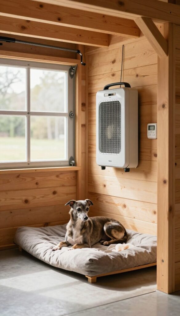 Heated dog house with thermostat control in a garage, featuring a short-haired dog resting inside.