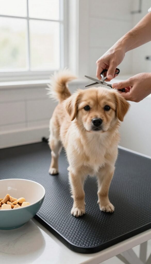 A small dog safely groomed at home on a non-slip mat with blunt-tipped scissors and treats nearby, illustrating safety tips for DIY dog grooming in a bright, clean setting.