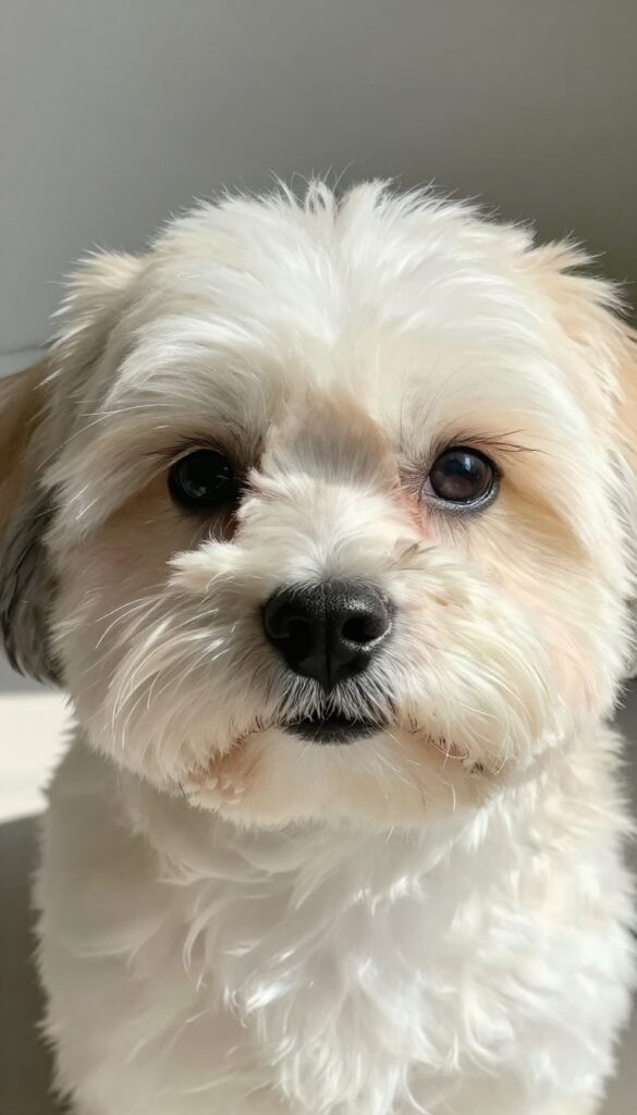 A Shih Tzu dog with neatly trimmed eyelashes in natural light, showcasing clear and bright eyes for a dog grooming blog