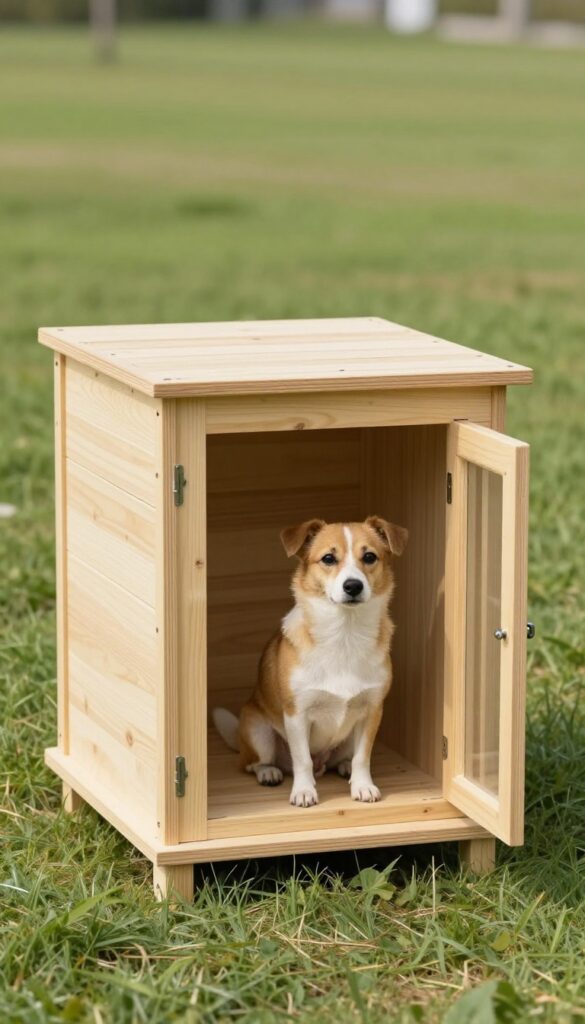 Fold-flat wooden dog house on grass with a dog sitting inside