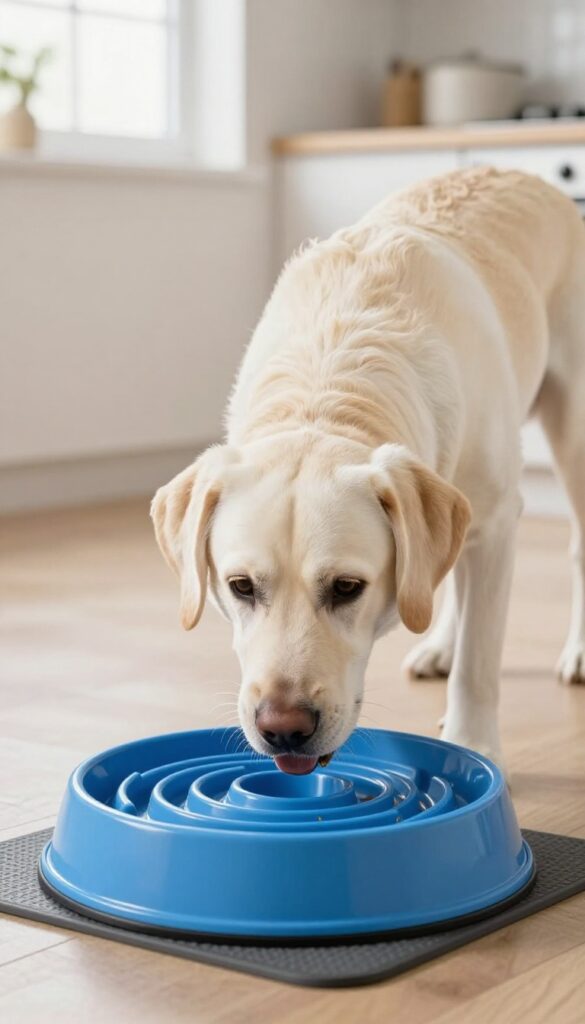 A Labrador retriever using a slow-feeder bowl during mealtime in a bright kitchen setting.