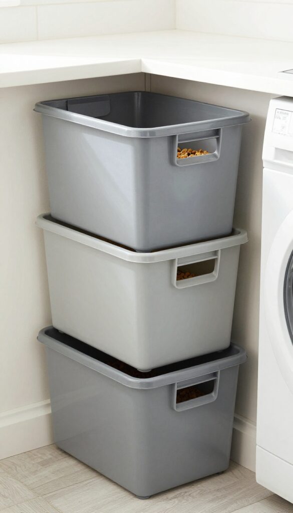 Stackable bins in a laundry room or mudroom organized for dog food storage