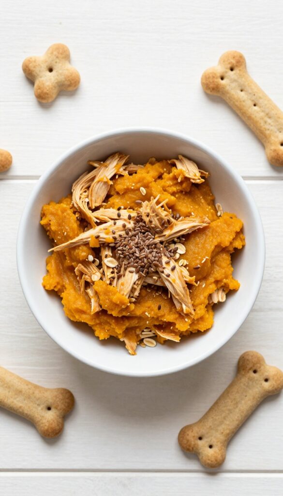 Homemade dog food mixture of chicken, pumpkin, and oats in a bowl with bone-shaped biscuits