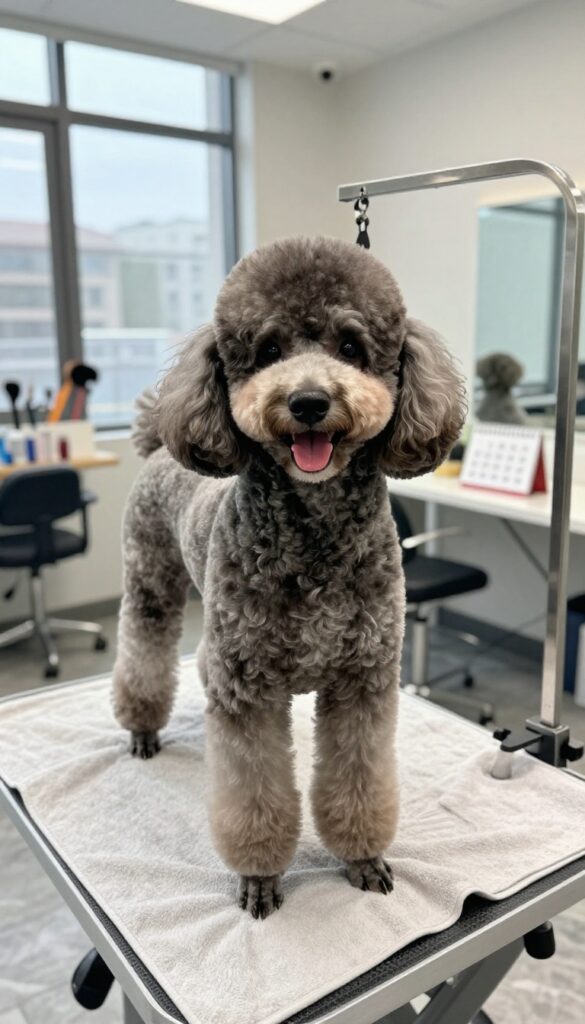 A well-groomed Poodle in a bright grooming salon, representing subscription plans for regular dog grooming services.